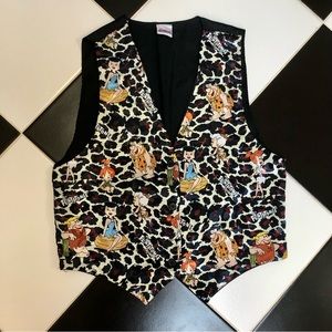 Vintage 90s Flintstones Cartoon Satin Vest Waistcoat Unisex Leopard Men’s sz Med
